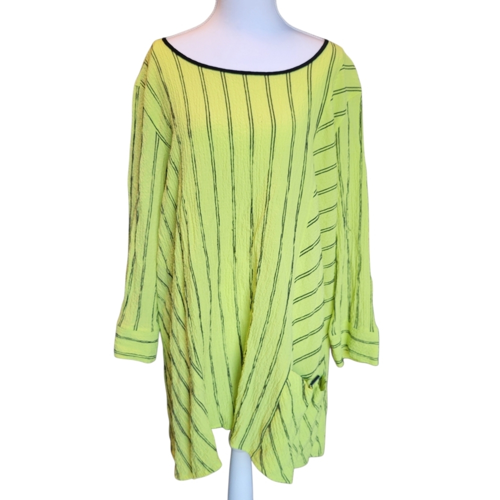 Ali Miles Green Black Stripe Long Sleeve Tunic Blouse Top